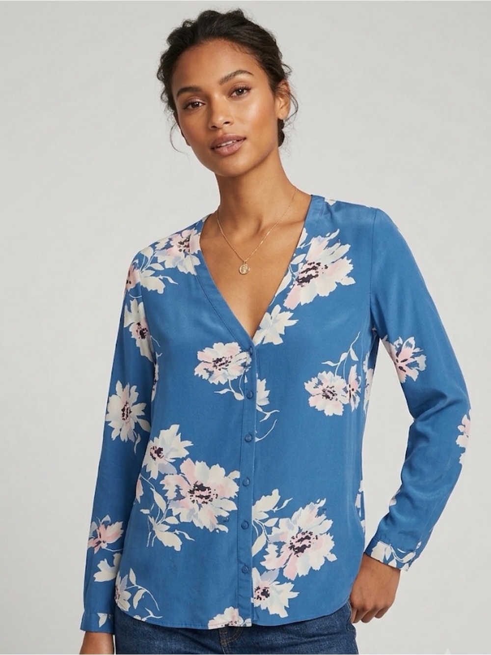 Joie Blue Floral V-Neck Blouse with Pink Accents